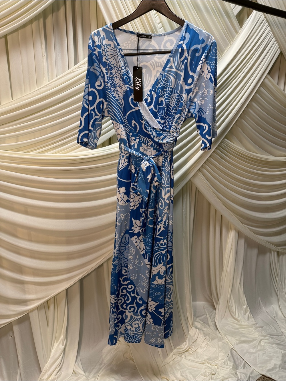 Lily by Firmiana White and Blue Maxi Dress with Tied Belt